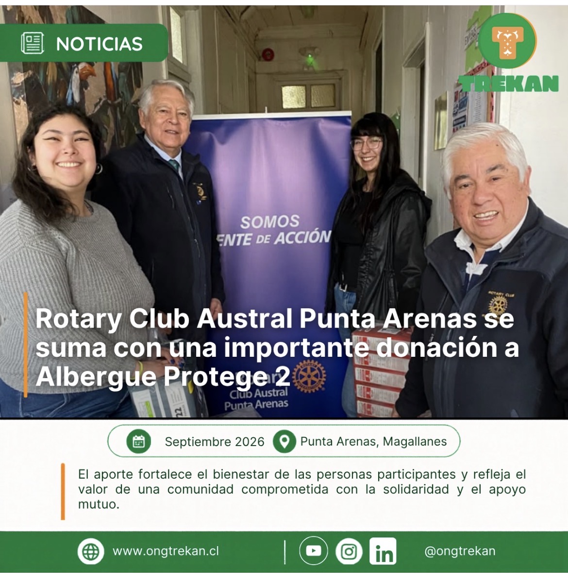 Rotary Club Austral Punta Arenas entrega una donación a Albergue Protege 2, septiembre de 2026, Punta Arenas, Magallanes.